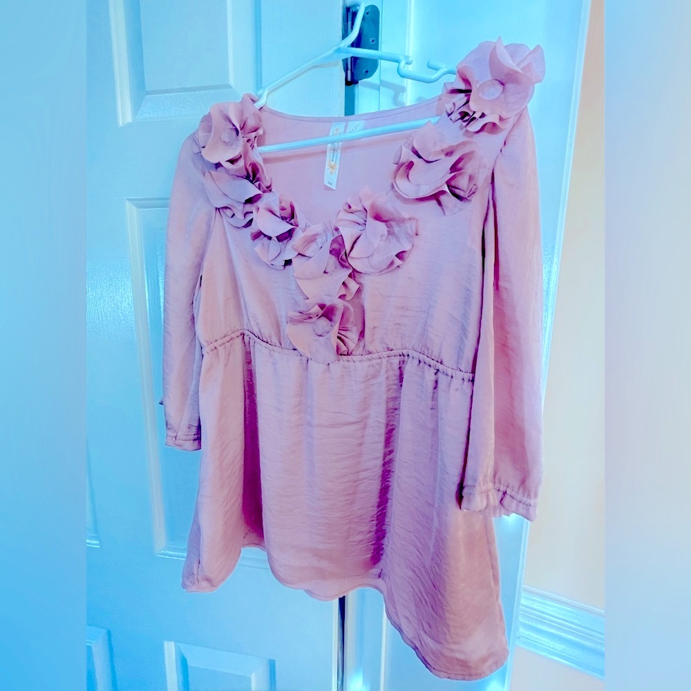 Small Pink Rose Silky Shirt. Only worn once, well taken care of.